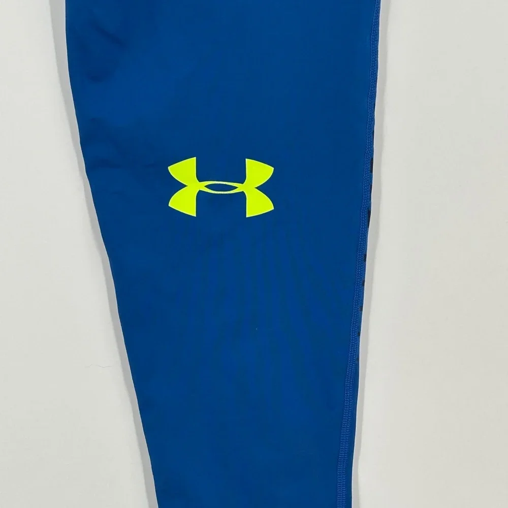 Under Armour Mens HeatGear Compression Leggings Blue Neon Yellow Graphic Medium
